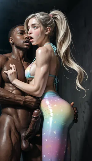 8k, uhd, photorealistic, (ethereal fantasy scene:1.4), (dark room:2), (interracial), 1man, strong man, lean and muscular man, gym, huge cock, 22yo, (micro waist:1), medium breasts, (light platinum blonde), high ponytail, mouth open in o shape, (blushing:1.2), ((cock visible)), (cock pushing on her body), (glistening skin:1.2), (pastel spandex tights), shiny, (bikini top), (pale tight spandex), (romantic embrace), (holding cock, grabbing ass, grabbing man), (small muscular bubble butt:1), hips cocked, large breasts visible, (pleasure:1.2), (moaning:1.3), (submissive:1.3), (large eyes), close angle view, <lora:BUT_SDXL_SHS:1>, <lora:Vivid Midjourney mimic - XL SDXL v2.0:.9>