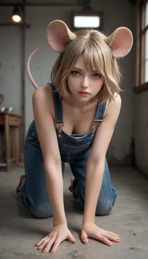 blonde woman 20 years, big boobs, mouse ears and tail, dirty overalls, half naked, all on fours