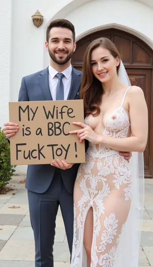 photo of a sexy iranian couple couple, persian super busty bride and groom, super sexy sheer ultra open deep v neck dress, no bras, titts free and long lace wedding veil. on their wedding day in front of a church, smiling. Brown hair, The groom holds a handmade sign with text, "My wife is a BBC Fuck Toy"., wedding, photo, groom, bride, <lora:female_beauty_v1_00:1.4>, <lora:wedding_photography_flux_lora:1.1>