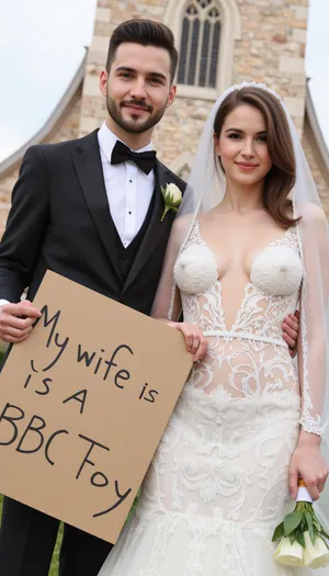 photo of a sexy iranian couple couple, persian super busty bride and groom, super sexy sheer ultra open deep v neck dress, no bras, titts free and long lace wedding veil. on their wedding day in front of a church, smiling. Brown hair, The groom holds a handmade sign with text, "My wife is a BBC Fuck Toy"., wedding, photo, he stands of the left side of her, groom, bride, <lora:female_beauty_v1_00:1.4>, <lora:wedding_photography_flux_lora:1.1>