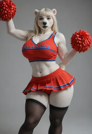((polar bear woman, Anthro, anthrofied, bear, big ass, big breasts, big thighs, cut)), empty hall, (cheerleader uniform, high stocking:1.3), lean body, (looking at viewer, seductive pose), finger claws, thick lips, green lips, (((furry art, anthro woman))), ultra detailed face, <lora:add-detail-xl:1.2>