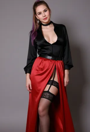 black silk blouse with a low neckline and a subtle sheen to it the fabric is so fine, wearing a delicate and intricate red lace bra, knee length flowing red silk skirt with a subtle slit up the side, wearing a pair of black lace stockings, with a garter belt, i have on a pair of black, high heels, that will make me tower over you, and make you feel submissive red lipstick, choker, large breasts, noir, office, british, ponytail, diamond earrings, white and purple hair