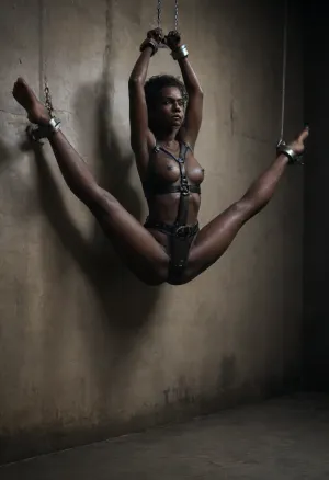 hyper photorealistic masterpiece, full body view, solo, maximum quality, maximum details, maximum realism, (MODERN DUNGEON), STANDING, sweat, (african woman, short black hair), 18 yo, (black skin:1.67), ((deep dark black skin)), (wrists spread shackled above head, hanging in air, ankles spread shackled wide to wall, latex harness, straps), pov, choked, wide spread legs, spreader, detailxl, spider, dirty