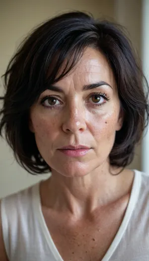 A photo of a gorgeous 55 yr old woman, perfect brown eyes, black hair, messy bob cut hair, (freckles on face and body)