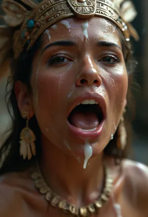 bust of 40 year old female ancient AZTEC Queen, MAYA face, covered in thick white realistic cum, lose war. she is raping. Mouth half open, realistic cum in her mouth on her tongue. tongue on lip, eyes half closedwoman, cum, on, face, forced, humiliated, horror, realistic teeth, <lora:MJ52:.3>, <lora:BUT_SDXL_SHS:1.3>, <lora:add-detail-xl:.7>, <lora:CinematicStyle_v1:2>, <lora:JustCum:1.7>