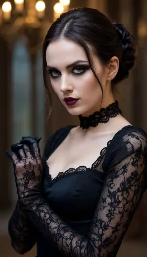 gothic woman age 25, long lace gloves, revealing black dress, heavy make up