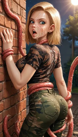 (Jack cayless art style), android18, (milf1:2), (Hot sexy female soldier latina:1.3), (((wearing skintight camouflage shirt, army pants, perfect booty))), Captive, restrained arms on her back legs outstretched by tentacles, (((in the park at night))), view from behind, phat curved ass, (((multiple tentacles around her body restraining her arms and waist))), (screaming loud:1.5), big curvy figure, lift leg slightly up on wall, hand on hip/butt, (blonde frizzy long hair:1.3), tentacle rips her top, pants torned to shreds, torture, captive, tan skin, tanned skin, vintage, extremely beautiful, perfect face and eyes, realistic eyes, focused eyes, perfect hands and fingers, (big boobs:1.4), ultra realistic, masterpiece, best quality, high definition, (((perfect display of tentacle attack))), ((Ultimate realistic photo)), (((dynamic sexy pose))), (((bright sunlight))), (pants shirt torned to shreds:1.5), tentacle gangbang, tentacle penetrate pussy violently, ((tentacle deepthroat:1.5)), tentacle inside her mouth, (cum face1:2), (tentacle sex), sysdeep_android18, <lora:PAseer-SDXL-AcceleratorLighting:.2>, <lora:Android 18 - [Dragonball] - SDXL Version 2:.8>