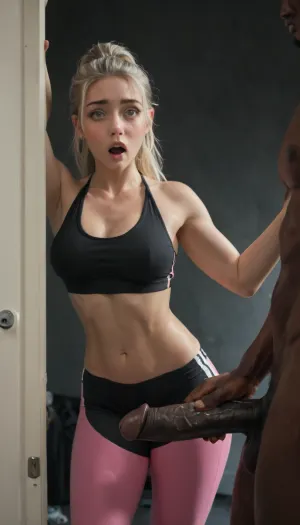 8k, uhd, photorealistic, (ethereal fantasy scene:1.3), (dark room:1.6), (interracial), 1man, strong man, lean and muscular man, gym, huge cock, 22yo, (micro waist:1), medium breasts, (light platinum blonde), high ponytail, mouth open in o shape, (blushing:1.2), ((cock visible)), (glistening skin:1.2), (pastel spandex tights), thick body, shiny, (bikini top), (pale tight spandex), (the man is holding her hand and leading her through a doorway into a bedroom:1.3), (facing the viewer:1.3), (beckoning:1.4), (small muscular bubble butt:1), hips cocked, large breasts visible, (pleasure:1.2), (moaning:1.3), (shocked), (large eyes), close angle view, <lora:BUT_SDXL_SHS:1>, <lora:Vivid Midjourney mimic - XL SDXL v2.0:.9>