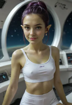 1 young woman, (space alien), (green skin:1.5), sharp nose, high cheekbones, green eyes, pointy ears, (gazing at the stars), very cute, happy smiling face, (dark purple hair), (fancy updo hairstyle), skinny, short waist, petite, (small natural breasts), (wearing a white spandex sports bra and white spandex booty shorts), on a spaceship, windows looking over a space scape skyline, midnight, stars, moonlight, high quality photography, realism, high resolution, clothes, alienailf, <lora:Aliens_AILF_SDXL:1.4>