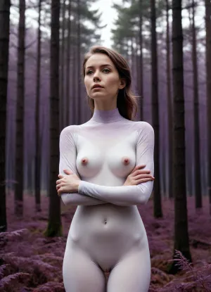 Nordic art Design, Bold Line Drawing. Perfct Woman, standing, arms crossed tightly over the chest, strong silhouette. Deep Forest purple line. Pure White background. Minimalist Aesthetic.