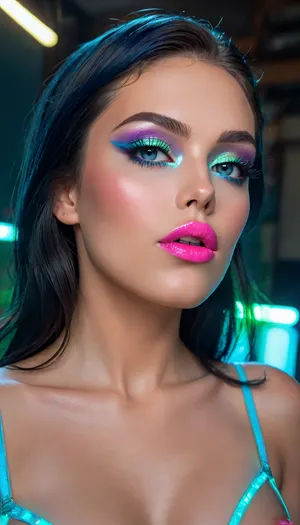 markgavatino art style, (Masterpiece), (ultra high definition), sexy robot with robot face, (hyper fully robotic girl), Beautiful, long dark BLUE hair, natural breasts, and white eyes., (((cyan shiny hyper glowing neon pussy lips))), (B3YOND_STYLE_MECHA), (hyper spread pussy, hyper gaping pussy), ((makeup:1.5), long blue eyelashes, olive eyeshadow with glitter), (lips:1.2), pink lipstick, seducing smirks. At the final stage, the cameraman finished on the woman's face makeup., makeup, eyeliner, eyelashes, <lora:detailed_notrigger:.8>, <lora:DetailedEyes_V3:1.4>, <lora:Modern_MakeUp_XL_v0_1:2>