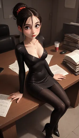 (Jack cayless art style), 1 woman, 30yo, very petite, very tight, (Insanely hot very skinny black hair secretary in office sitting at a desk), (huge silicone boobs), red ballet bun haircut, (she is submissive, looking at viewer eye contact), (jewelry), (very sexy black latex dress), (cleavage, tits out, visible naked tits), (view from distance, view from above, whole body in view), naked tits, (detailed extremely high heel shoes), shaved pussy, bottomless, (view from side, precum string), skin imperfections, BadX, (cartoon), tooned, cartoon, low color palette, painted, illustration, made in illustrator, no gradients, incase style, concept, retro, futuristic, flat colors, masterpiece, skirtlift, <lora:DetailedEyes_V3:.6>, <lora:skirtlift_xl:.8>