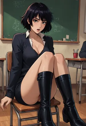 Score_9, score_8_up, score_7_up, reiq meets markgavatino art style, perfect fingers, official art, boyish, tomboy, teacher in classroom, brown eyes, black hair, teasing, flirty, open mouth, black cardigan, shirt, pencil skirt, stockings, black long boots, seductive, thick thighs, ultra detailed, high resolution, anatomically accurate, perfect face, perfect hourglass body, sitting on chair in classroom, lifting skirt to show pussy while leaning forward to show cleavage, pubic hair, nip slip, cute, doodle, ratatatat74, <lora:cutedoodle_XL-000012:.8>, <lora:ratatatat74-000050:.8>, <lora:NEOTOKIOXL_0.2_RC:.8>, <lora:outline_xl_kohaku_delta_spv5x:.8>