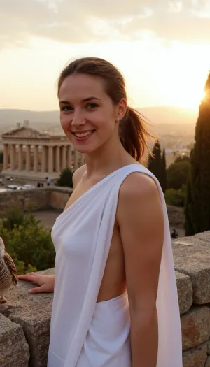 Sunset light, in Athena, Parthenon in background, greek woman, wearing a Greek tunic, wind, perfect composition, light smile, panoramic view, owl near woman