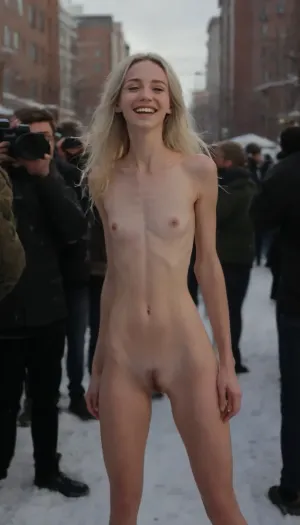 (frontal view), (seen from the front), tall skinny college model, 27 years old, wet pussy, looking at viewer, shows her pussy and hips, small ass, smiling, slut dress, pussy visible, (skinny adult woman:1.9), winter city, nude girl with long white hair, very thin, with very small breasts, stands in a snowdrift on her hands, raises her butt up, laughing people very close to girl, girl in doggypose, there are a lot of people around the girl, people take pictures of naked woman, the girl is frozen, hair, all the people are taking pictures of the girl