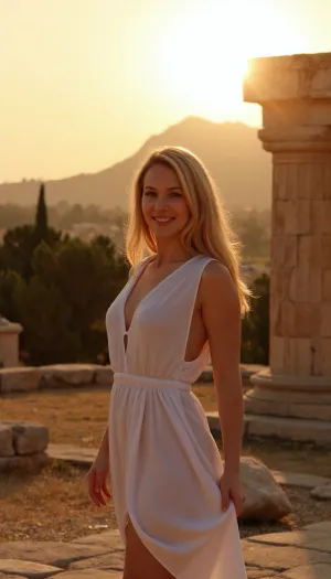 Sunset light, in Athena, Parthenon in background, woman, blonde, near caryatide, wearing a Greek tunic, antiquity, spartan warrior