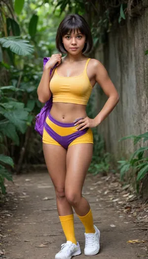 dora the explorer, dora the explorer's outfit, dora, explorer, latina, mexican, tanned skin, black bob bowlcut haircut, curtain bangs, jungle, (bottomless), (topless), (yellow socks), (white sneakers), big tits, little ass, busty, purple backpack, Alanya, Ruins, cute face, pretty face, pretty eyes, high detail face, high quality face, high resolution photo, 8K, HD, best quality, tits out, rear side view
