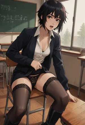 Score_9, score_8_up, score_7_up, reiq meets markgavatino art style, perfect fingers, official art, boyish, tomboy, 45 year old teacher in classroom, small breasts, brown eyes, black hair, teasing, flirty, open mouth, black cardigan, shirt, pencil skirt, stockings, black long boots, seductive, thick thighs, ultra detailed, high resolution, anatomically accurate, perfect face, perfect hourglass body, sitting on chair in classroom, lifting skirt to show lace panties while leaning forward to show cleavage, pubic hair, nip slip, cute, doodle, ratatatat74, <lora:cutedoodle_XL-000012:.8>, <lora:ratatatat74-000050:.8>, <lora:NEOTOKIOXL_0.2_RC:.8>, <lora:outline_xl_kohaku_delta_spv5x:.8>