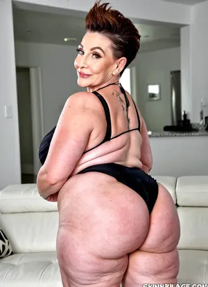 (90 year old gilf:1.4), (Italian ethnicity:1.3), (pale skin:1.4), looking back at the viewer winking, arms on sides. She has, (brown mohawk hair:1.3), . Wearing, (black bikini:1.1), ., (wrinkles:1.7), (curvy woman, gilf face, skinny waist, fat thighs:1.5), (giant ass:1.4), In white wall living room. portrait