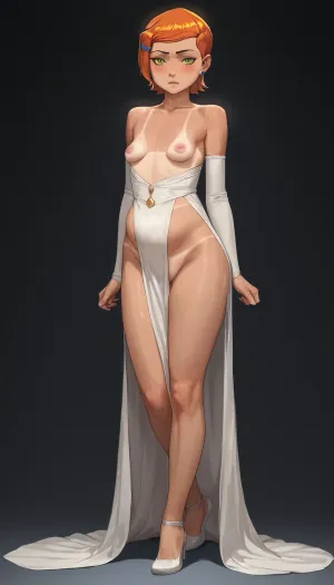 Full body shot, 50 year old woman, thin dress, chubby, wide hips, curvy, small floppy breasts, sagging breasts, deflated breasts, tan lines, brown hair, upturned nose, one leg raised, SaggySlimXL, uhang, yhang, gwen, tennyson, (/Ben10), /, (ultra, HD, quality, details), bright, orange, hair, short, (green, eyes), <lora:updated_saggy_slim:1>, <lora:clothed_small:.5>, <lora:Gwen Tennyson (Ben10) - XL SCXL V1.0:.8>