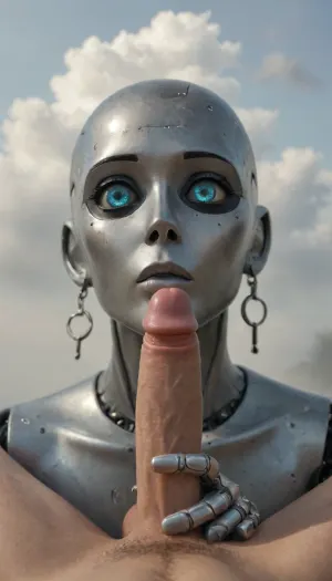 gay miniature robot made of steel in, (perfect penis design made of steel:1.8), (Two tiny hands on the sides:1.2), (perfect miniature fingers made of silicone:1.2), a rotating round steel robot head in the design of an penis glans with two eyes and sucking lips, The steel feet look like a scrotum, the robot's appearance is very cute., <lora:Simon_Stalenhag_LFTL_SDXL:.8>, cloudy, smoke, atmospheric, clouds, fog, <lora:Cloudy_Style:.8>