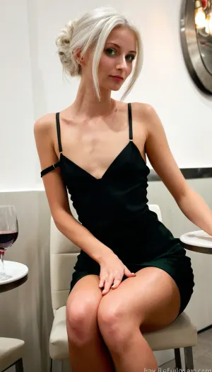 tall, slender, tan-skinned woman, mid-back length white platinum hair, green eyes, wearing black dress, holding a coup of wine, thin straps, full dressed, bronze tan skin, sitting, white walls, clothes on, restaurant, hyperrealistic photo, full hd, 8K