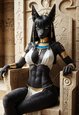 egyptian goddess, sitting relaxing on an egyptian throne, 1girl, (furry canine female), jackal anthro, (large green eyes), looking at viewer, egyptian jewelry, long black hair, hime cut, (((black furry body))), sexy loose top, loincloth, (many earrings on ears), long golden nails claws, ((slim:1.4)), toned body, curvy, (her body covered with tattoos:1.5), biceps, (large quads), (wide hips), (flat ass), (large breasts), (erect nipples:.6), <lora:FursuitXL:.6>, <lora:TLS:.8>