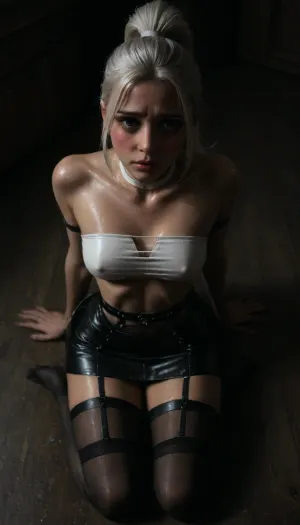 (score_7_up, score_8_up, score_9, 1girl, solo, masterpiece), ((long white ponytail:1.5)), (shy face:1.6), (blushing), (mouth wide open:1), ((leather micro skirt:1.6)), 25yo girl, (((athletic skin body))), (narrow waist:1.4), ((hip gap)), ((white g-strings:1.6)), white wide choker, (wet:1.5), ((into the office)), (oiled skin:1.3), ((black stockings with garters:2)), ((garters:1.4)), (chiaroscuro lighting:.5), erected nipples, (front view from above:2), (perky boobs), (((sitting on knees:2))), ((white micro tube-top:1.4)), (makeup:1.5), hand, <lora:sunnyrayyxo_v1_SDXLBase:.4>, <lora:dark:.4>, <lora:HandFineTuning_XL:1>