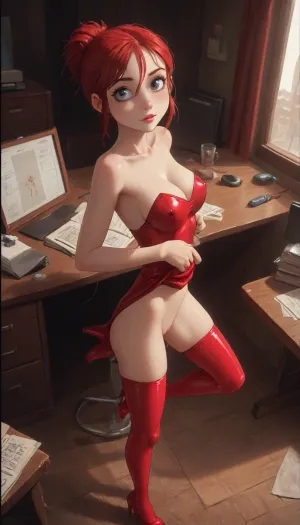 (Jack cayless art style), 1 woman, 30yo, very petite, very tight, (Insanely hot very skinny red hair secretary in office sitting at a desk), (huge silicone boobs), red ballet bun haircut, (she is submissive, looking at viewer eye contact), (jewelry), (very sexy red latex dress), (cleavage, tits out, visible naked tits), (view from distance, view from above, whole body in view), naked tits, (detailed extremely high heel shoes), shaved pussy, bottomless, (view from side, precum string), skin imperfections, BadX, (cartoon), tooned, cartoon, low color palette, painted, illustration, made in illustrator, no gradients, incase style, concept, retro, futuristic, flat colors, masterpiece, <lora:NEOTOKIOXL_0.2_RC:.4>, <lora:DetailedEyes_V3:.6>, skirtlift, <lora:skirtlift_xl:.8>