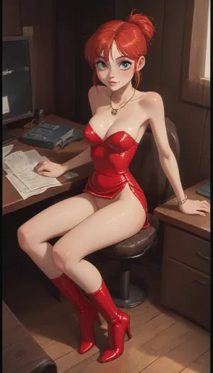 (Jack cayless art style), 1 woman, 30yo, very petite, very tight, (Insanely hot very skinny red hair secretary in office sitting at a desk), (huge silicone boobs), red ballet bun haircut, (she is submissive, looking at viewer eye contact), (jewelry), (very sexy red latex dress), (cleavage, tits out, visible naked tits), (view from distance, view from above, whole body in view), naked tits, (detailed extremely high heel shoes), shaved pussy, bottomless, (view from side, precum string), skin imperfections, BadX, (cartoon), tooned, cartoon, low color palette, painted, illustration, made in illustrator, no gradients, incase style, concept, retro, futuristic, flat colors, masterpiece, <lora:NEOTOKIOXL_0.2_RC:.4>, <lora:DetailedEyes_V3:.6>, skirtlift, <lora:skirtlift_xl:.8>