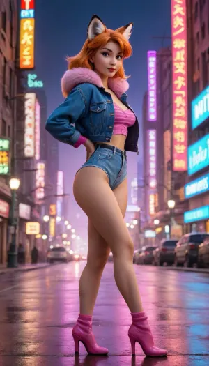 1980s retro anime-Disney hybrid style, highly detailed, anthropomorphic female fox character with extremely narrow waist and dramatically wide hips, exaggerated hourglass figure 50-45-125, prominent fox ears with detailed fur texture, large fluffy tail raised elegantly, wearing classic 80s fashion, unzipped cropped denim jacket revealing sheer striped top, high-waisted shorts tightly stretched across wide hips, leg warmers. Dynamic Disney-style pose leaning against neon-lit wall, graceful back arch emphasizing extreme curves, one hand on hip, other hand adjusting hair, wind effect blowing hair and tail fur, expressive Disney-style eyes with catchlights, confident smiling expression. Detailed city nightscape background with towering skyscrapers, glowing neon signs in Japanese, rain-slicked streets reflecting colorful lights. Hybrid animation aesthetic combining anime bold outlines with Disney's soft brushwork, limited color palette of electric blues, hot pinks and vibrant purples, Disney-style gradient shading mixed with anime halftone patterns, film grain overlay, subtle chromatic aberration. Dramatic lighting from multiple neon sources casting soft Disney-style highlights, rim light effect outlining character's exaggerated curves, atmospheric fog. Background elements in Disney tradition including detailed vintage cars, telephone poles, steaming manhole covers. Clothing shows Disney-style fabric movement, extremely tapered waistline, dramatically wide hip silhouette, sophisticated sensual appeal without explicit content.