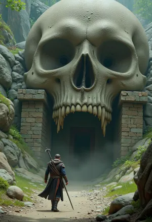 (Epic shot:1.2), dark fantasy, a lone warrior in front of huge skull-shaped gates carved into a mountain, (skeleton details:1.3), dripping slime, weathered stone, ancient architecture, vines, roots, eerie, ominous, (fantasy art, dark fantasy:1.1), (high detail, complex, grainy texture, ю1.2), volumetric lighting, dramatic shadows, muted dark colors, green, brown, gray, discolored, deep perspective, (digital painting, concept art by Frank Frazetta, Zdzisław Beksiński:1.3), gloomy, atmospheric, (masterpiece, best quality, ultra-high resolution), sharp focus, award-winning professional artwork