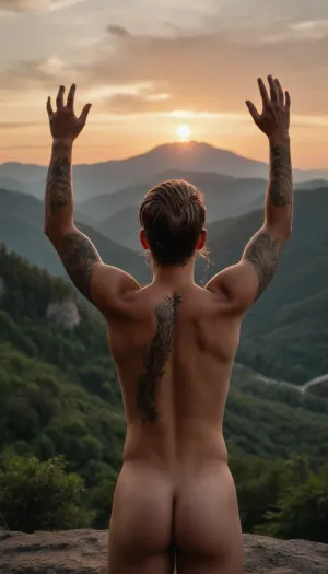 Man, braided hair, naked, seen from behind, raising his arms to the sunrise, noble face, wild tattoos, on a cliff, above a forest, a mountain in the background