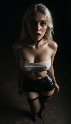 (score_7_up, score_8_up, score_9, 1girl, solo, masterpiece), (face close-up), ((standing)), deep cleavage, (overhead view, view from above:1.3), (skindentation:1.1), sultry, seductive, seducing, alluring, intimate, sexual, horny, ((long white hair)), (black leather micro skirt), 18yo girl, (athletic skin body), (narrow waist:1.4), ((hip gap)), insatiable, lustful, erotica, irresistible, ziprealism, white tube-top, erected nipples, black choker, platform high-heels, oiled skin, (black fishnet stockings with garters), (makeup), (garters), (mouth wide open), ((light_blue_eyes)), (black background, chiaroscuro lighting:1), <lora:sunnyrayyxo_v1_SDXLBase:.4>, <lora:dark:.6>