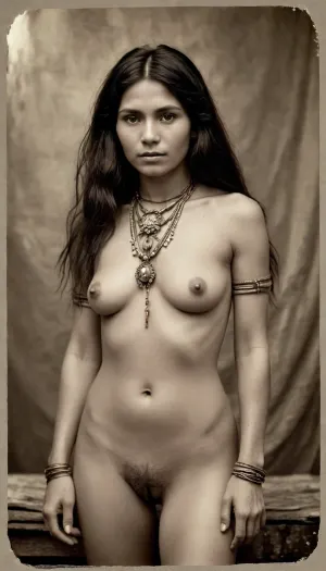 Vintage 1890s Victorian, Amazon indians tribe chief woman, skinny, wild tribe jewelry, full nude, messy black hair, pussy exposed, very hairy pussy, pubic hair, 3/4 view, old torn sepia photograph, <lora:old_world:.8>