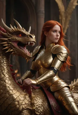 ultrarealistic girl with a gold armor, red hair, fantasy backgroud, is riding a huge gold dragon