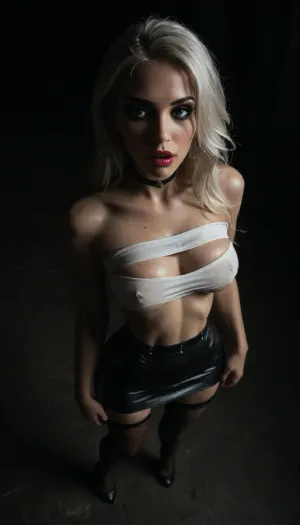 (score_7_up, score_8_up, score_9, 1girl, solo, masterpiece), ((face close-up)), ((standing)), deep cleavage, (overhead view, view from above:1.3), (skindentation:1.1), sultry, seductive, seducing, alluring, intimate, sexual, horny, ((long white hair)), (messy long hair), (white hair:1.5), (black leather micro skirt), 18yo girl, (athletic skin body), (narrow waist:1.4), ((hip gap)), insatiable, lustful, erotica, irresistible, ziprealism, white tube-top wit cutout, erected nipples, black choker, platform high-heels, oiled skin, (black fishnet stockings with garters), ((makeup:1.6)), (garters:1), dim light, (mouth wide open), ((light_blue_eyes:1.4)), (black background, chiaroscuro lighting:1), <lora:sunnyrayyxo_v1_SDXLBase:.4>, <lora:dark:.6>