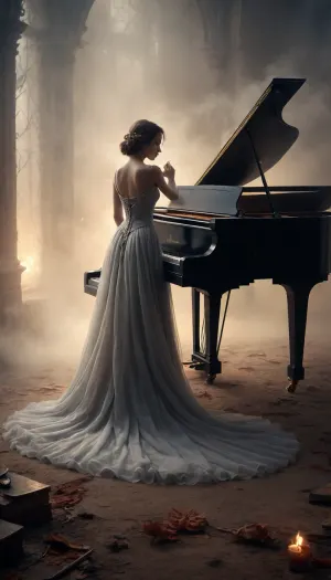 illustration. draw with ink and brush, symphonic metal, Harpsichord, virtuos, female, create a captivating blend of lead melody and lush backing textures, sweeping arrangements, epic and majestic. shrouded in soul fire and decay fog. Three levels. shallow depth of field, parallax. /©KlTTY-ART/