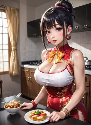 Sexy athletic bimbo chichi sitting at kitchen table with large cleavage showing.

Chichi1024, chi-chi, black, hair, bun, bangs, sidelocks, eyes, chinese, clothes, purple, dress, earrings, red, bracelets, orange, neckerchief, <lora:Chichi1024:.5>, <lora:Chi_Chi_Diffusion_SD_XL-05:1>