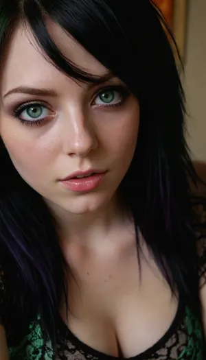 Emo girl riding an oversized penis as it ejaculates massive amounts of cum inside her vagina, extremely busty, very busty, gorgeous emo girl wearing snug clothing accentuating her big and sexy assets, extremely sexual curves. Sensual Emo female body, body covered in a clear liquid. Long black hair framing a cute freckled face, very long straight flat hair. Green eyes, colorful green eyes with a sensual vibe. Black and purple colored clothing with lots of lace, early 2000's emo attire, wearing emo clothing from the early 2000's.