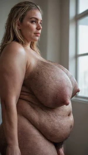 Detailed realistic high resolution Photograph of extremely hairy morbidly obese freckled futa, (side view:1.4), blonde, (beautiful young innocent face:1.2), (hairy sexy:1.2), confident, masterpiece, (extra young beautiful hairy face:1.3), focus on face, distracted candid, wet hair, (((extremely hairy body:1.6))), (huge dense high perky hairy breasts:1.4), bbw, (full body view:1.1), taller than viewer, (forced perspective:1.3), broad hairy shoulders, (gorgeous young face:2), long legs, smiling, (intimidating:1), hairy burly giantess, hair on belly, hair on chest, (thick body hair:1), (sunshine:1.3), (hairy legs:1.3), sunny window, bright cheerful modern bedroom, fat belly, (fat hairy masculine body:1.8), wide hips, ultra high detail perfect realistic beautiful symmetric face, hairy arms, 22 years beautiful fat woman, fat rolls on belly, (belly hair:1.4), (extremely thick body hair:1.6), (extremely thick pubic hair on belly:1.4), (thick hair on belly:1.4), (thick hair on legs:1.3), (thick pubic hair on chest:1.3), (mini giantess:1), large irises, (hyper realistic:1), (full body view:1.3), full body view, (futa with thick small flaccid cock:1.6), side view, Canon, dslr, perfect smile, high detail grey eyes, Amazon, torpedo tits, (pubic hair covering body:1.5), ((continuous thick pubic hair from dick to breasts:1.7)), ((extremely thick body hair covering torso:1.9)), (long thick full pierced perky nipples:2), (young:1.6), extra large nipple rings, large round testicles, small dick, piercing, ring, <lora:Bright_room:1.3>, <lora:nippleRing:2>