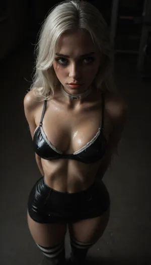 (score_7_up, score_8_up, score_9, 1girl, solo, masterpiece), (seductive and embarrassed face:1.5), ((long white hair:1.5)), ((black leather micro skirt)), very tiny shorts, 18yo girl, (athletic skin body), (narrow waist:1.4), ((hip gap)), (white g-strings), white choker, ((into the gym)), (oiled skin:1.4), ((white striped thigh high socks)), (chiaroscuro lighting:.5), (big athletic booty), (ruined slutty makeup:1.1), erected nipples, ((white tiny wet bra)), (view from above:2), <lora:sunnyrayyxo_v1_SDXLBase:.4>, <lora:dark:.4>