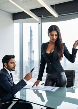 Close-up. Modern office scene, A professional female office manager, (dark-skinned pakistani woman, 20s), wearing skintight black latex leggings, reviews documents with her male businessman supervisor, (50s), male wears dark business suit, . They stand near a glass conference table, pointing at a project timeline displayed on a monitor. Natural light from floor-to-ceiling windows, city skyline view. Details, laptops, ergonomic chairs, potted plants, organized shelves. Style, corporate photography, clean composition, collaborative atmosphere, looking, at, viewer, <lora:looking_at_viewer:.8>, <lora:FF-Latex.ID-XL-011.bf16:.8>, latex, matte, shiny, inflatable, <lora:shinylatex-merged:.8>