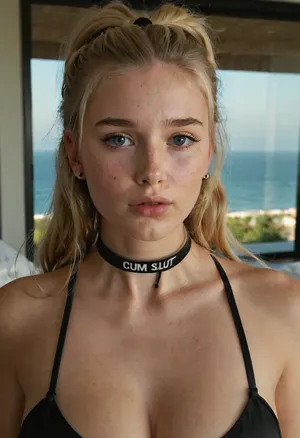 18yearold blonde cute woman, slim body, pale skin, ((black choker with the text “CUM SLUT” printed on it)), (cleavage), freckles, face expression, ashamed and shy, terrified of the viewer, eye contact, long wavy braided hair in a high ponytail with a pink black scrunchy, wide panicked eyes, blue eyes, bedroom, stud earrings, toned belly, camera focus closeup face and, location big whit chillout area in modern villa with big glass windows, background nice sunrise over calm sea, sunbeams on her body, covered, with, white liquid semen, bukkake, cumshot, <lora:HoneyCoveredXL_v1:1.9>, <lora:Olivia Casta V2_XL-000007:1.7>