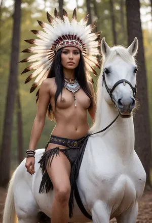 8k, professional photo, high quality, HDR, RAW color, HDR photo, best quality, ultra-detailed, panorama, masterpiece, finest details, high resolution, 8k wallpaper, photorealistic, (perfect artificial twilight lighting:1.5), (best shadows), (((20-year-old slim Native American girl with small-feather-headdress:1.4))), (((shiny black straight very long hair:1.4))), (((naked aesthetically pleasing dark-skinned upper body:1.4))), (((sitting astride a white horse))), (((bow in hand, tomahawk attached to pants))), panoramic view, wide-angle view, camera looking up from below and from the side