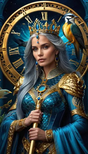 (masterpiece, best quality, ultra-detailed), (photorealistic:1.2), ornate, complex, intricate, highly detailed, symmetrical, (fantasy art:1.1), art nouveau, neo-traditional, digital painting, full shot, portrait, (beautiful mystical queen:1.3), with long flowing, (((blue-grey hair))), (ornate golden crown:1.1), elegant armor, holding a staff, surrounded by mystical creatures, (fish, bird, eel, serpent), water elements, flowing energy, (cosmic clock background:1.2), (golden runes:1.1), glowing eyes, looking at viewer., (deep oceanic blues:1.3), (rich dark golds:1.2), hints of teal and bronze, luminous highlights, volumetric lighting, rim lighting, soft glow, mysterious atmosphere, magical, ethereal, dark background.