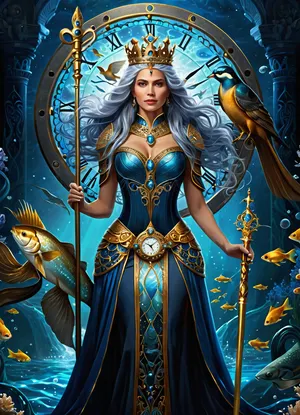 (masterpiece, best quality, ultra-detailed), (photorealistic:1.2), ornate, complex, intricate, highly detailed, symmetrical, (fantasy art:1.1), art nouveau, neo-traditional, digital painting, full shot, portrait, (beautiful mystical queen:1.3), with long flowing, (((blue-grey hair))), (ornate golden crown:1.1), elegant armor, holding a staff, surrounded by mystical creatures, (fish, bird, eel, serpent), water elements, flowing energy, (cosmic clock background:1.2), (golden runes:1.1), glowing eyes, looking at viewer., (deep oceanic blues:1.3), (rich dark golds:1.2), hints of teal and bronze, luminous highlights, volumetric lighting, rim lighting, soft glow, mysterious atmosphere, magical, ethereal, dark background.
