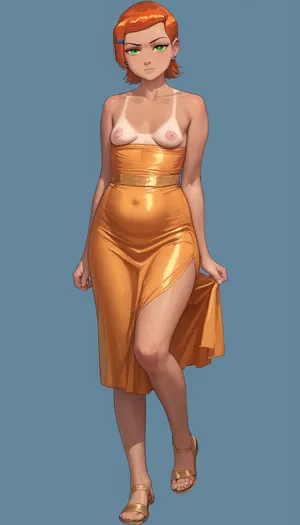 Full body shot, 50 year old woman, thin dress, chubby, wide hips, curvy, small floppy breasts, sagging breasts, deflated breasts, tan lines, brown hair, upturned nose, one leg raised, SaggySlimXL, uhang, yhang, gwen, tennyson, (/Ben10), /, (ultra, HD, quality, details), bright, orange, hair, short, (green, eyes), <lora:updated_saggy_slim:1>, <lora:clothed_small:.5>, <lora:Gwen Tennyson (Ben10) - XL SCXL V1.0:.8>