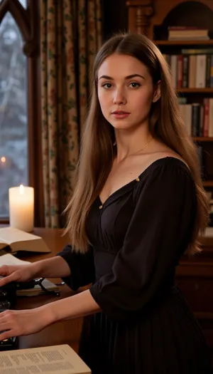 Subject, Adeline Seraphina Reilly — 23 years old, author, graceful, naturally beautiful woman with refined, symmetrical features. Facial details, almond-shaped light brown eyes with long lashes, delicate arched eyebrows, straight refined nose, soft full lips with a natural rose tint, faint freckles across the bridge of her nose and upper cheeks, smooth fair skin with a gentle warm undertone, calm, intelligent, slightly wistful expression. Original, non-celebrity face.

Hair, long light brown hair reaching her waist, slightly wavy with natural highlights, loose strands softly framing her face, light sheen in candlelight.

Format & Look, single still photo, ultra-realistic cinematic portrait, 85 mm lens, shallow depth of field, natural skin microtexture, filmic color toning, (warm candlelight and moonlight mix), no flicker.

Setting, Parsons Manor study at night — antique wooden desk with a vintage black typewriter, scattered pages, and an open book, dim moonlight through a tall Gothic window, candlelight flickering softly around her.

Wardrobe & Styling, elegant dark vintage dress with fitted waist and soft fabric folds, subtle golden jewelry, natural warm makeup emphasizing her eyes and lips, poised posture, one hand resting on the typewriter keys.

Lighting, cinematic mix of cool moonlight, (camera-left), and warm candle glow, (camera-right), gentle back rim highlighting her hair, balanced contrast with smooth shadow roll-off, realistic reflections on typewriter metal.

Camera & Composition, medium portrait from waist up, shallow focus on her face and typewriter, soft background blur of bookshelves, introspective atmosphere.

Color Palette, muted gold, deep brown, ivory, candle amber, warm highlights and cool midtones, subdued gothic elegance.

Continuity & Safety, faithful to the book aesthetic, original likeness only, consistent eye and hair color, no visible text, logos, or brands.