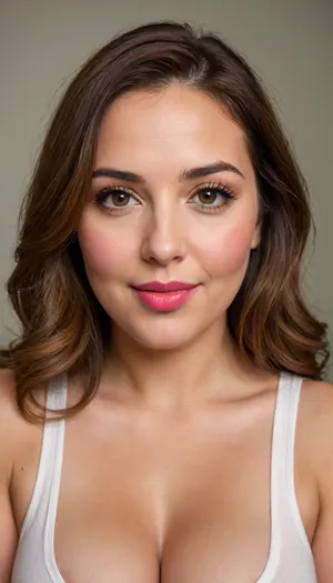 (masterpiece, best quality, photorealistic, ultra-detailed, highres, soft lighting), 1girl, (obese), (mature:1.3), 65 y.o., Macedonian, chubby heart-shaped face with refined features, thick arched eyebrows, large light hazel-green eyes with long thick eyelashes, straight nose with delicate tip, very plump glossy lips with bright pink hue, high cheekbones, soft chin, wrinkles on face, olive skin with warm undertone, few faint freckles on nose, lips parted, voluptuous lips, smiling, straight white teeth, bold makeup with winged eyeliner and bright lipstick, centered face, symmetrical, plump lips, sultry parted lips, shoulder-length wavy auburn hair framing face, in a softly blurred gradient background, <lora:add-detail-xl:2>, downblouse, nipslip, <lora:RealDownblouseXL2:.8>